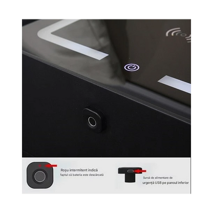 Noptieră Smart Multifuncțională Gri închis cu 2 Sertare – Încărcare Wireless, USB, LED Tactil 3 Culori, Boxă Bluetooth și Amprentă