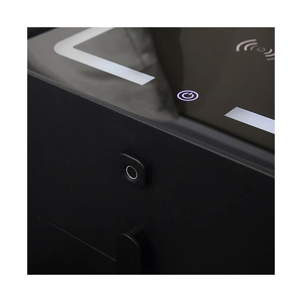 Noptieră Smart Multifuncțională Gri închis cu 2 Sertare – Încărcare Wireless, USB, LED Tactil 3 Culori, Boxă Bluetooth și Amprentă