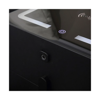 Noptieră Smart Multifuncțională Gri închis cu 2 Sertare – Încărcare Wireless, USB, LED Tactil 3 Culori, Boxă Bluetooth și Amprentă