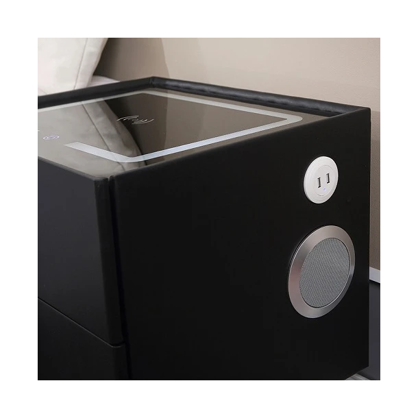 Noptieră Smart Multifuncțională Gri închis cu 2 Sertare – Încărcare Wireless, USB, LED Tactil 3 Culori, Boxă Bluetooth și Amprentă