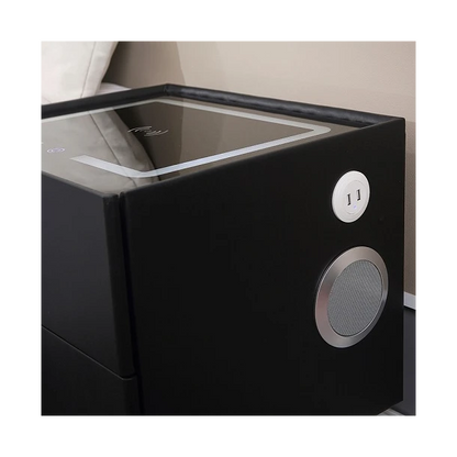 Noptieră Smart Multifuncțională Gri închis cu 2 Sertare – Încărcare Wireless, USB, LED Tactil 3 Culori, Boxă Bluetooth și Amprentă