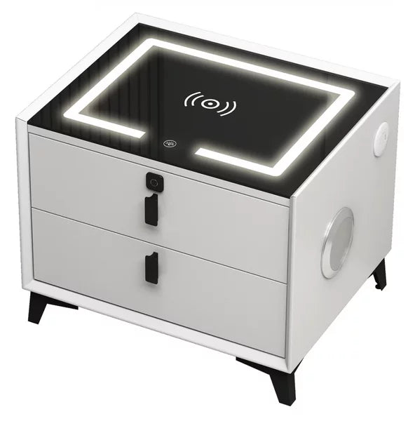 Noptieră Smart Multifuncțională cu 2 Sertare – Încărcare Wireless &amp; USB, LED Tactil 3 Culori, Boxă Bluetooth și Amprentă