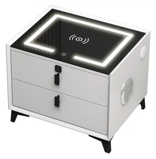 Noptieră Smart Multifuncțională cu 2 Sertare – Încărcare Wireless &amp; USB, LED Tactil 3 Culori, Boxă Bluetooth și Amprentă