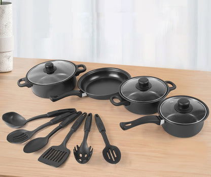 Set oale și tigăi antiaderente 13 piese, fier de calitate, ustensile silicon alimentar, compatibil inducție, negru elegant + ascuțitor cuțite și cuțit ondulat legume & brânzeturi cadou