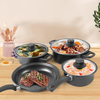 Set oale și tigăi antiaderente 13 piese, fier de calitate, ustensile silicon alimentar, compatibil inducție, negru elegant + ascuțitor cuțite și cuțit ondulat legume & brânzeturi cadou