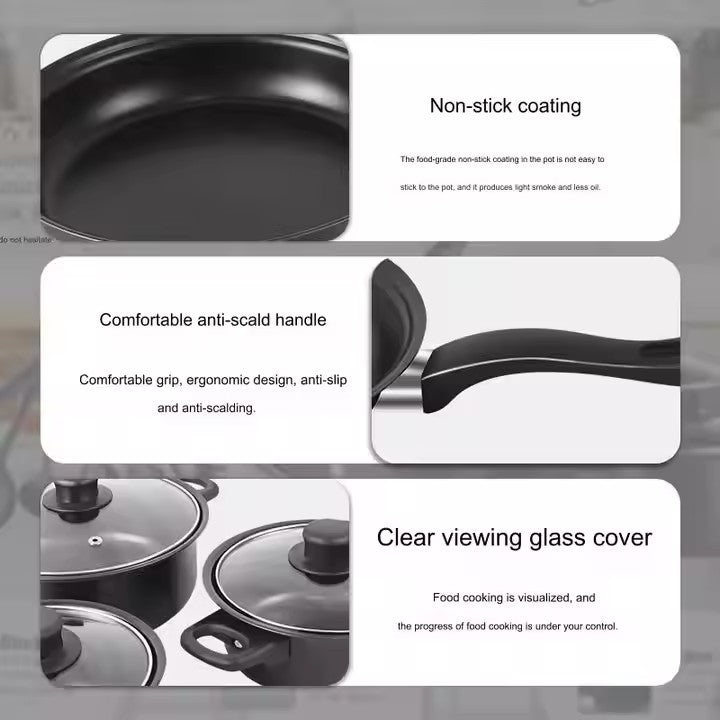 Set oale și tigăi antiaderente 13 piese, fier de calitate, ustensile silicon alimentar, compatibil inducție, negru elegant + ascuțitor cuțite și cuțit ondulat legume & brânzeturi cadou