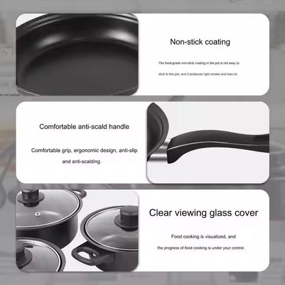 Set oale și tigăi antiaderente 13 piese, fier de calitate, ustensile silicon alimentar, compatibil inducție, negru elegant + ascuțitor cuțite și cuțit ondulat legume & brânzeturi cadou