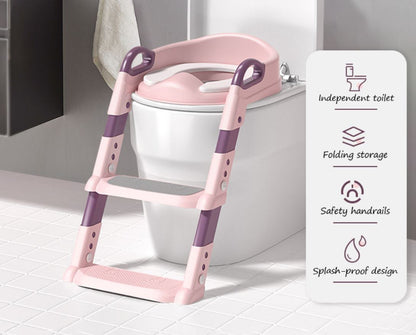 Scaun toaletă copii cu scară pliabil, reductor WC cu spătar și mânere, anti-alunecare – antrenament oliță, design ergonomic