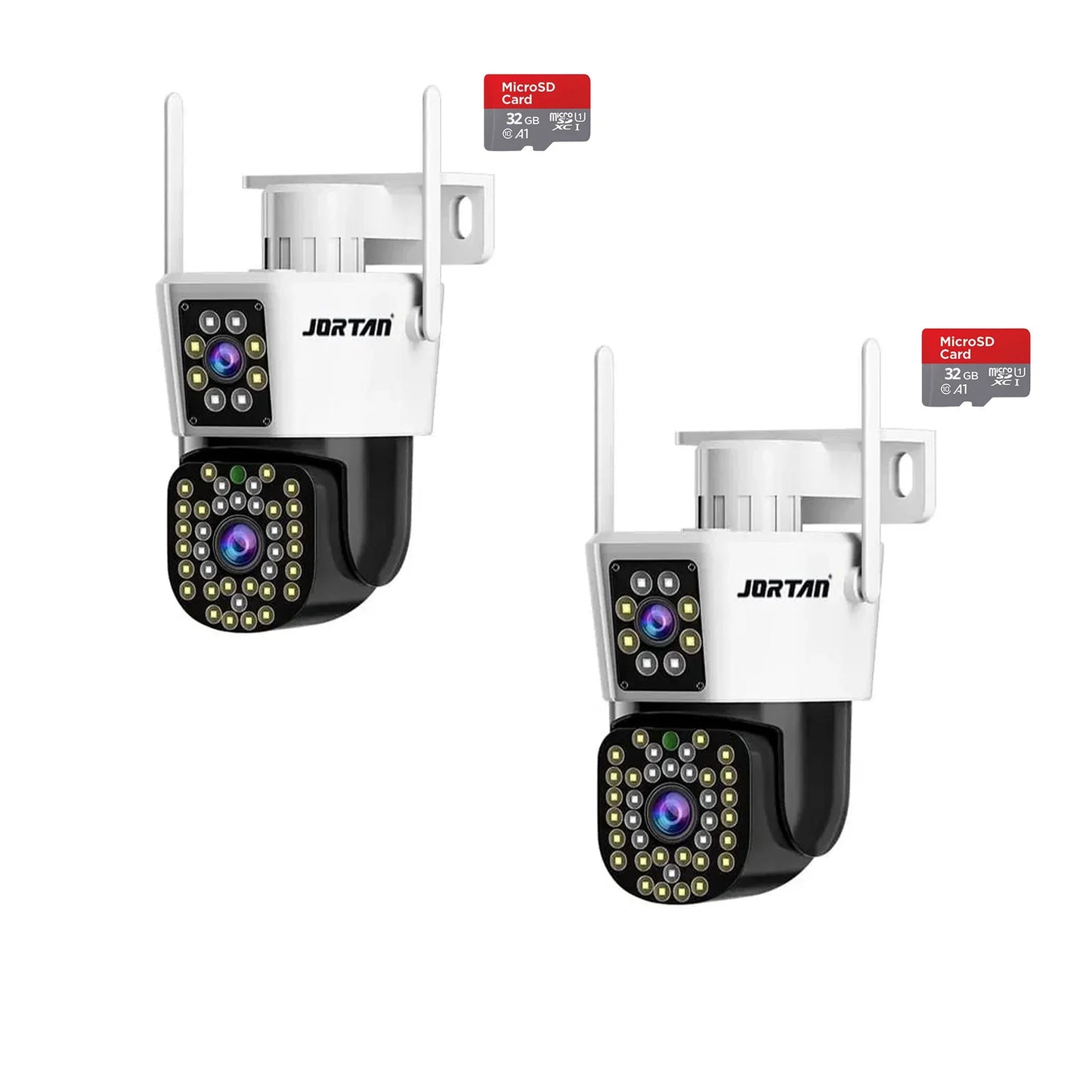 Pachet 2 Camere de Supraveghere WiFi Jortan JT-8293 Dual Lens + 2 Carduri 32GB Incluse – PTZ 355°, Night Vision Color, Audio Bidirecțional, IP66