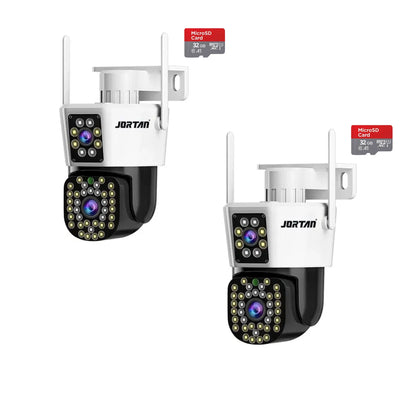 Pachet 2 Camere de Supraveghere WiFi Jortan JT-8293 Dual Lens + 2 Carduri 32GB Incluse – PTZ 355°, Night Vision Color, Audio Bidirecțional, IP66