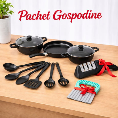 Set oale și tigăi 13 piese antiaderente, ustensile silicon alimentar, pentru inducție, negru + ascuțitor cuțite & cuțit ondulat