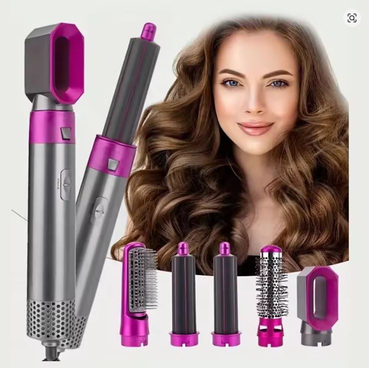 Perie de Păr 5 în 1 – Uscător, Ondulator plus functie de indreptare, cu Aer Cald, 1000W, Tehnologie Ceramică, Accesorii Interschimbabile, Roz/Argintiu