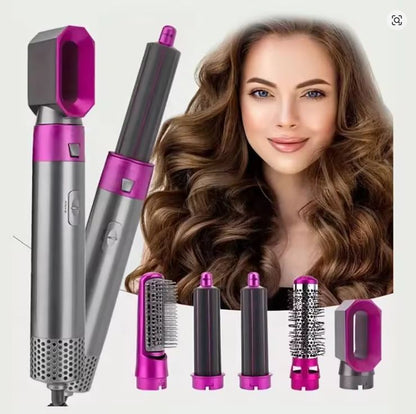 Perie de Păr 5 în 1 – Uscător, Ondulator plus functie de indreptare, cu Aer Cald, 1000W, Tehnologie Ceramică, Accesorii Interschimbabile, Roz/Argintiu