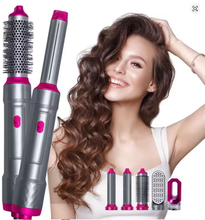 Perie de Păr 5 în 1 – Uscător, Ondulator plus functie de indreptare, cu Aer Cald, 1000W, Tehnologie Ceramică, Accesorii Interschimbabile, Roz/Argintiu