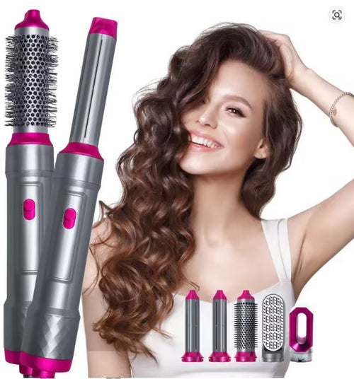 Perie de Păr 5 în 1 – Uscător, Ondulator plus functie de indreptare, cu Aer Cald, 1000W, Tehnologie Ceramică, Accesorii Interschimbabile, Roz/Argintiu