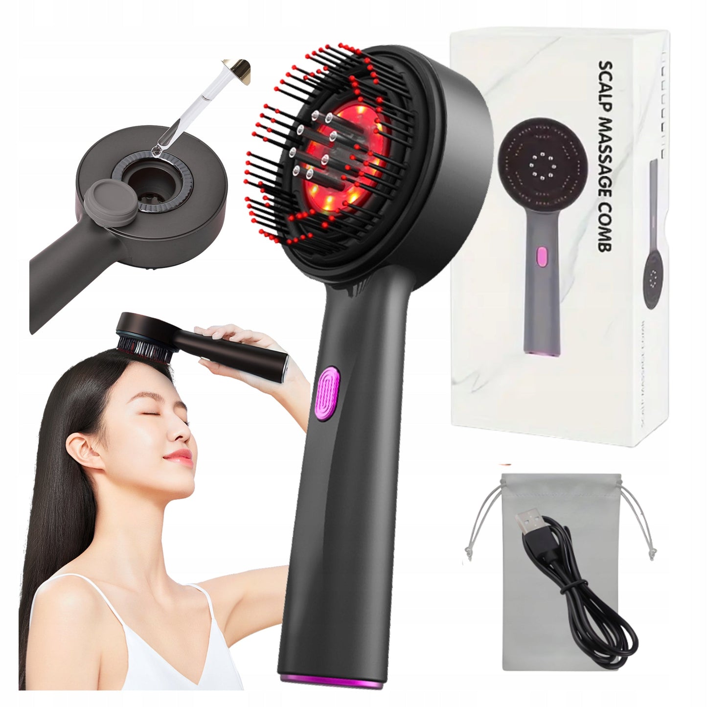 Aparat Electric pentru Masaj Scalp cu Terapie LED Roșie și Aplicator Ulei, Anti Căderea Părului, Stimulare Creștere și Regenerare Capilară