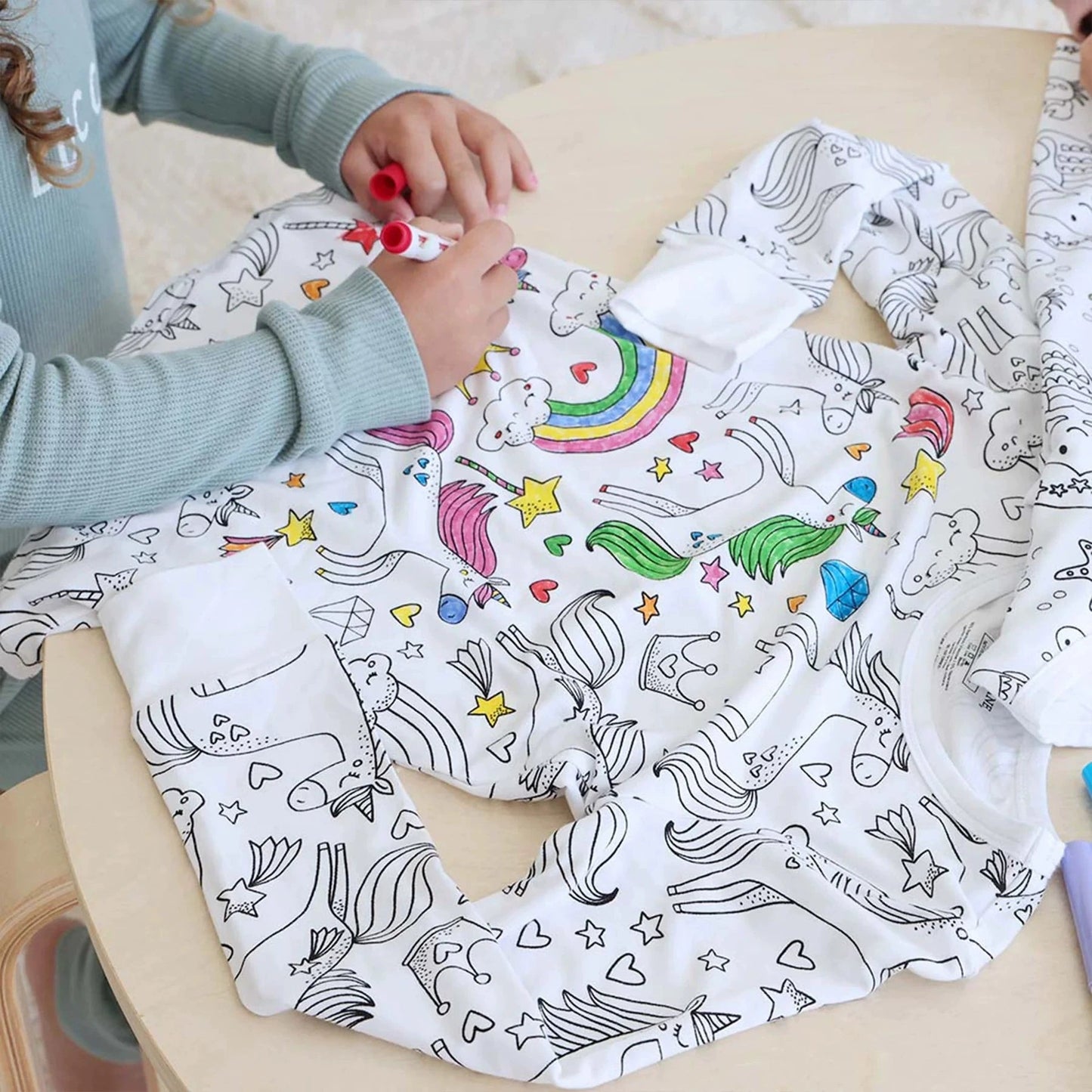 Pijamale Copii Personalizabile din Bumbac 100% – Set DIY cu Carioci, Material Waffle