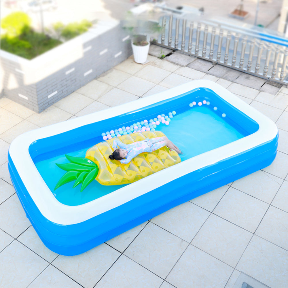 Piscina Gonflabila Dreptunghiulara Family Fun 200x120x40 cm pentru Copii si Familie, PVC Rezistent, Exterior Curte si Gradina, Albastru/Alb