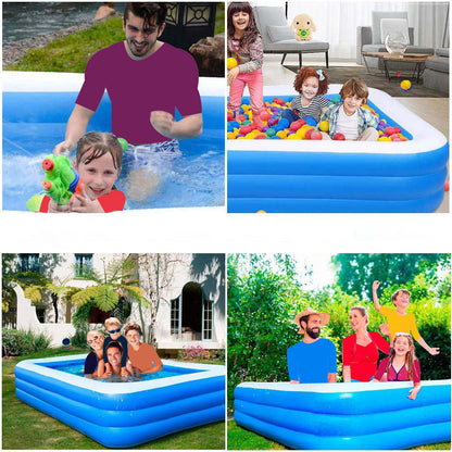 Piscina Gonflabila Dreptunghiulara Family Fun 200x120x40 cm pentru Copii si Familie, PVC Rezistent, Exterior Curte si Gradina, Albastru/Alb