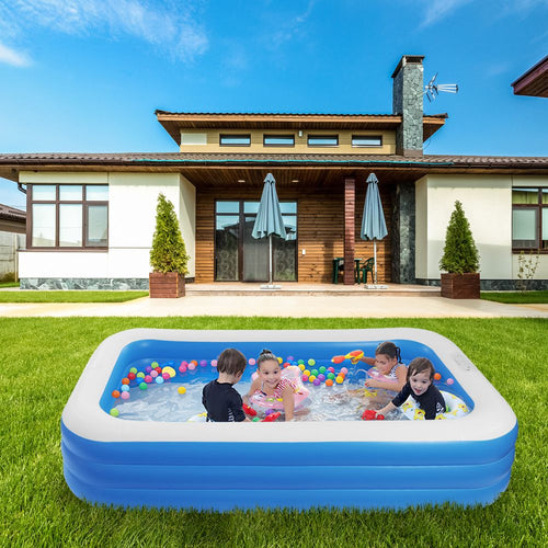 Piscina Gonflabila Dreptunghiulara Family Fun 200x120x40 cm pentru Copii si Familie, PVC Rezistent, Exterior Curte si Gradina, Albastru/Alb