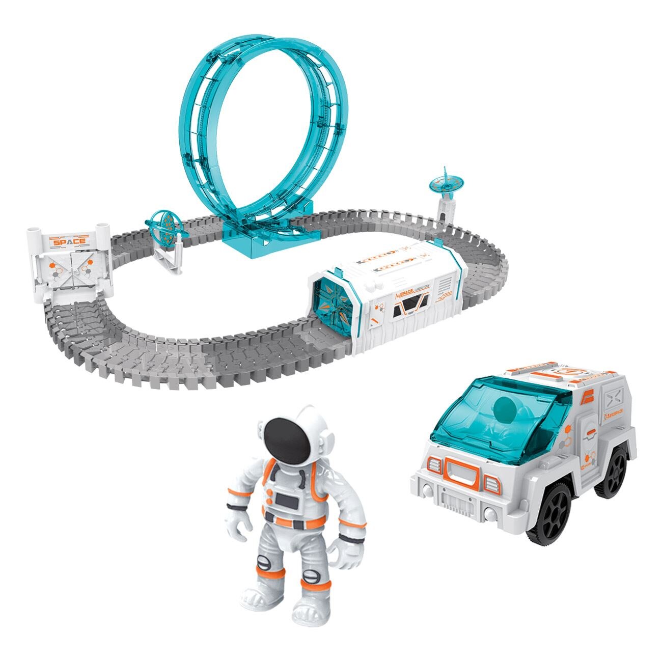 Set Pistă Spațială Flexibilă 109 Piese pentru Copii – Circuit Auto cu Loop 360°, Mașină cu Lumini, Stație Spațială și Astronaut | Jucărie Interactivă