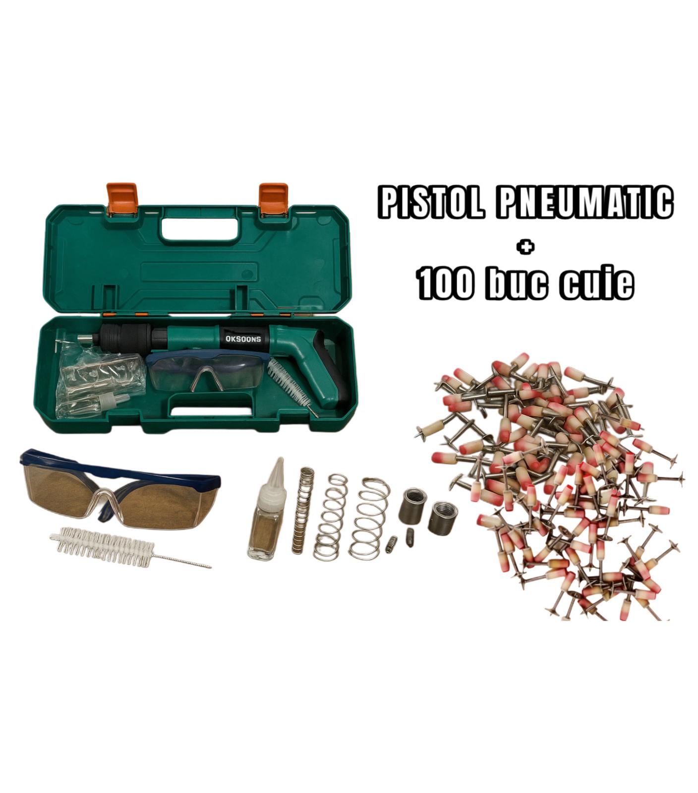 Pachet Pistol Pneumatic Profesional pentru Cuie și Nituri – Set Complet cu Accesorii, Cutie Transport și 100 Cuie Incluse