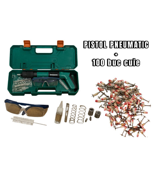 Pachet Pistol Pneumatic Profesional pentru Cuie și Nituri – Set Complet cu Accesorii, Cutie Transport și 100 Cuie Incluse