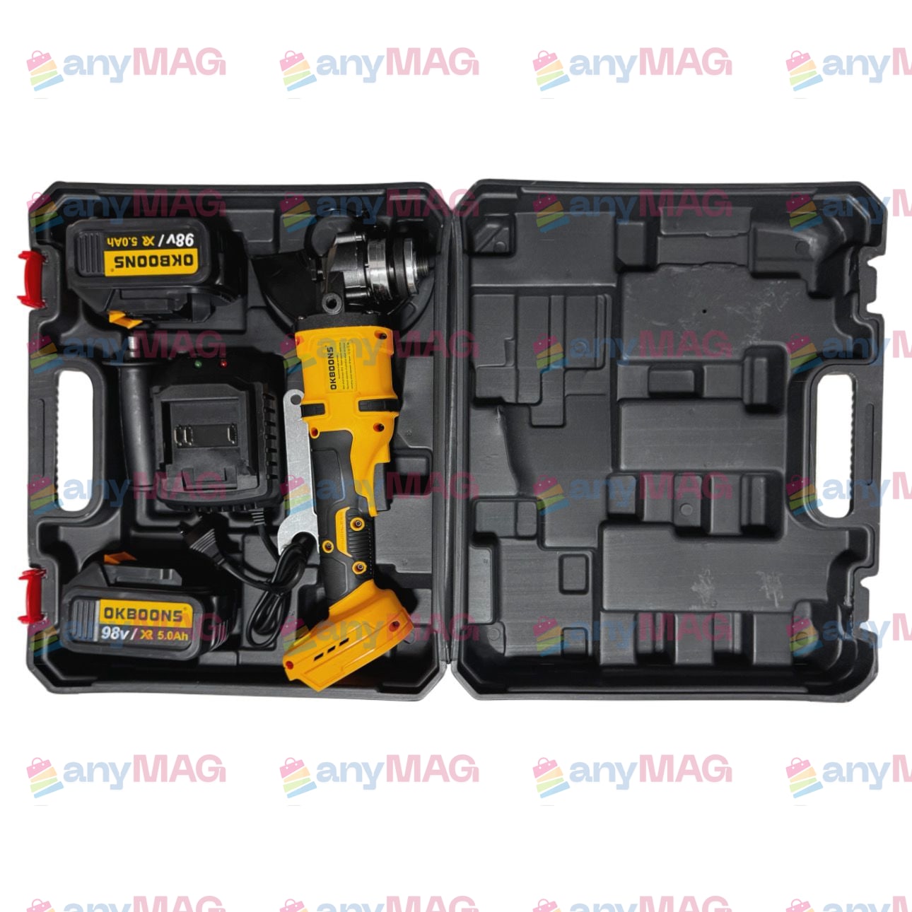 Polizor unghiular cu acumulator Li-Ion OKBOONS, 98V, 5.0Ah, 125 mm, 2 acumulatori, încărcător, mâner și apărătoare disc