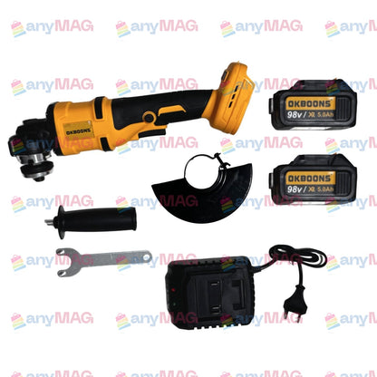 Polizor unghiular cu acumulator Li-Ion OKBOONS, 98V, 5.0Ah, 125 mm, 2 acumulatori, încărcător, mâner și apărătoare disc