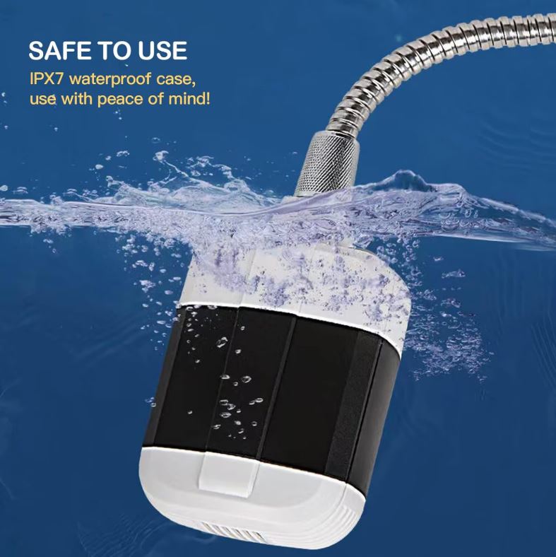 Duș portabil camping cu baterie 2200mAh, încărcare USB, furtun 1.5m – 2 trepte presiune, debit 3-4L/min, ideal pentru camping, rulote și drumeții