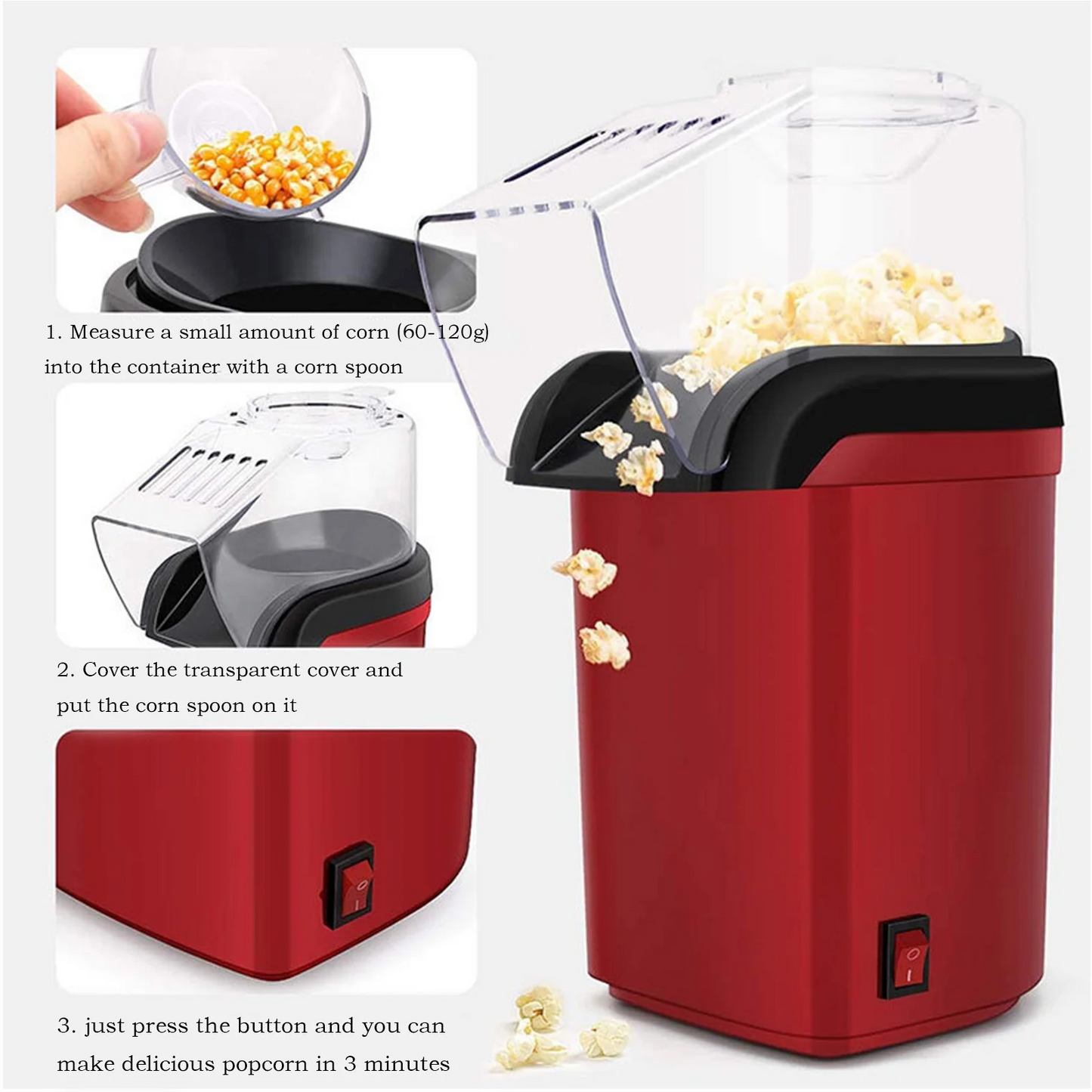 Aparat Popcorn cu Aer Cald 1200W – Aparat Floricele Fara Ulei, Preparare Rapida 2-3 Minute, Design Compact, Cupa Masurare Inclusa