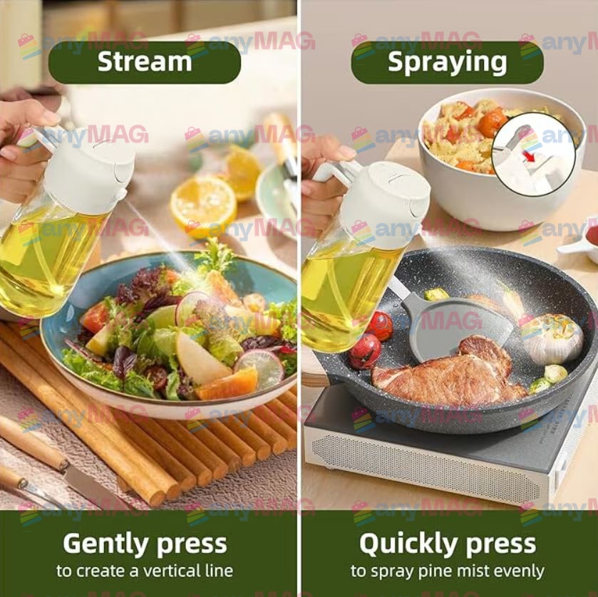 Dispenser 2 în 1 pentru Ulei – Pulverizare Fină & Turnare, Mâner Ergonomic, Sticlă Premium, 300 ml, Culoare Bej