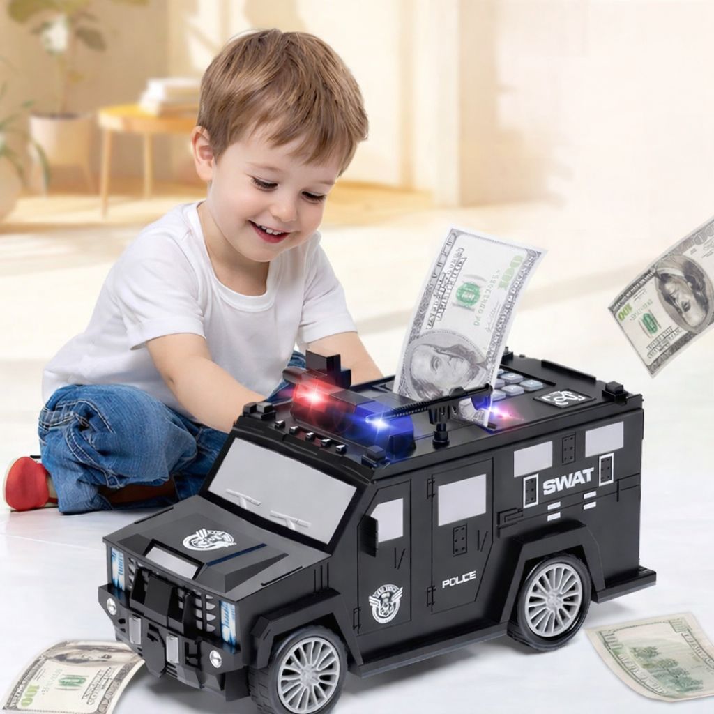 Pușculiță Electronică Mașină de Poliție cu PIN – Pușculiță Interactivă pentru Copii, Lumini LED, Slot Bancnote și Monede, Negru