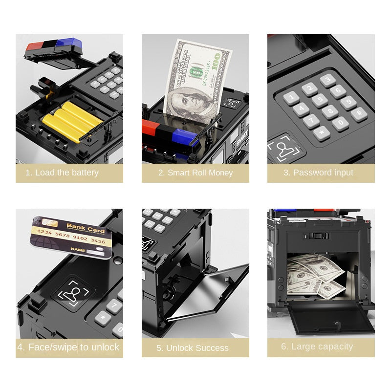 Pușculiță Electronică Mașină de Poliție cu PIN – Pușculiță Interactivă pentru Copii, Lumini LED, Slot Bancnote și Monede, Negru