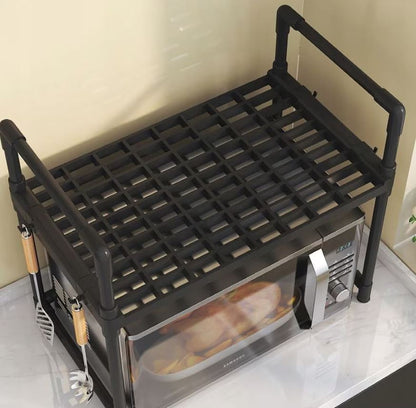 Etajeră pentru Cuptor cu Microunde, Raft Organizator Bucătărie 2 Niveluri, Plastic Rezistent, 49 x 48 x 26 cm, Negru