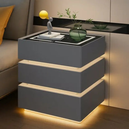 Noptieră Smart Multifuncțională cu 3 Sertare, LED 3 Culori, Încărcare Wireless + USB și Bluetooth, 50x40x72 cm, Gri Închis / Gri Deschis