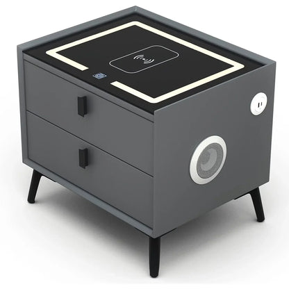 Noptiera Smart Multifunctionala cu LED, Incarcare Wireless si USB, Difuzor Bluetooth, 2 Sertare, Design Premium