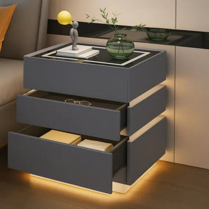 Noptieră Smart Multifuncțională cu 3 Sertare, LED 3 Culori, Încărcare Wireless + USB și Bluetooth, 50x40x72 cm, Gri Închis / Gri Deschis