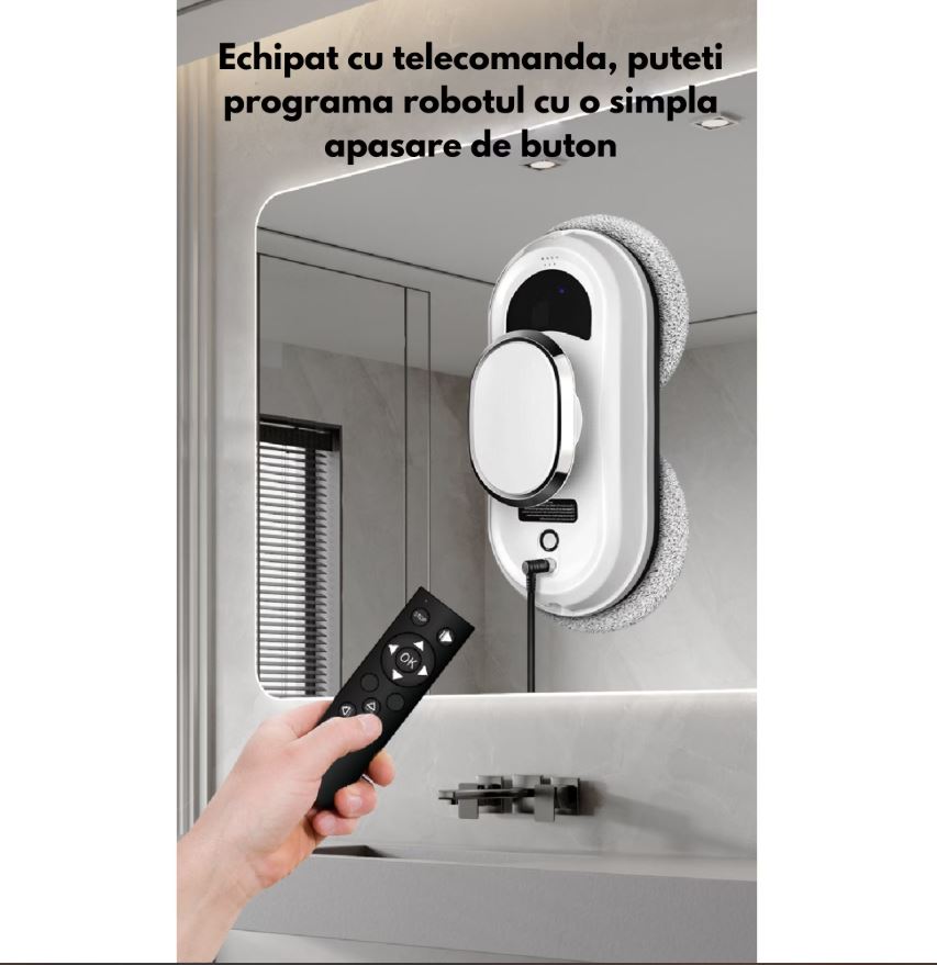 Robot curățare geamuri automat 5600Pa, 90W – Aspirator inteligent pentru ferestre, oglinzi și suprafețe vitrate, cu lavete microfibră și control telecomandă