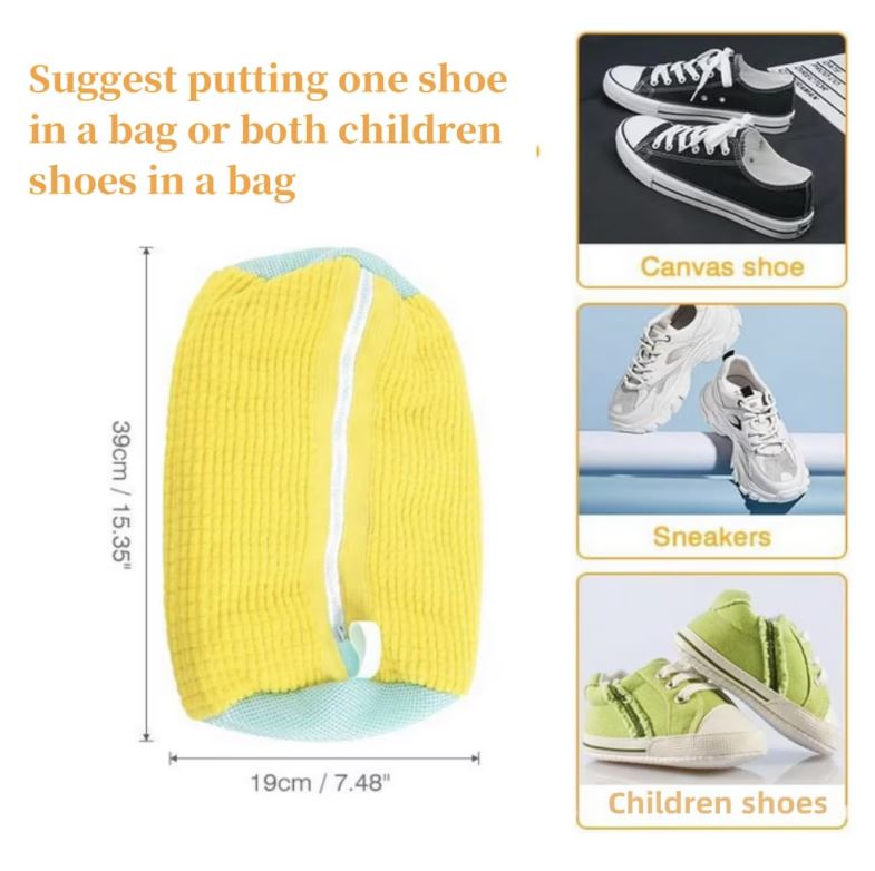 DOI SACI pentru spălat încălțăminte în mașina de spălat 39x19 cm – Protecție cu fibre moi, fermoar rezistent, reutilizabil, pentru adidași și pantofi sport – Galben