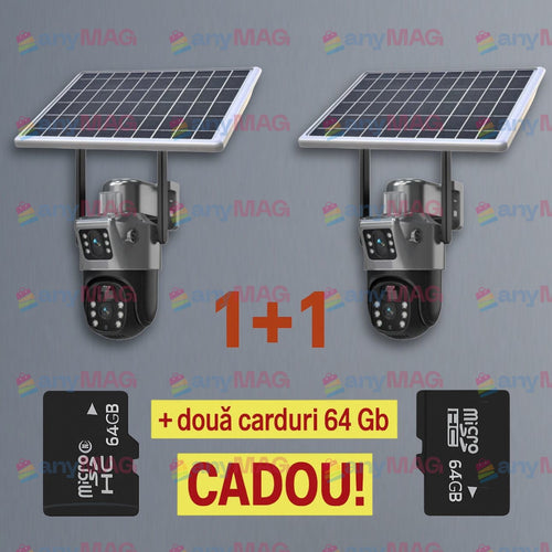 Set Două Camere Supraveghere 4K 4G cu Panou Solar – Dubla Lentilă, 360°, Zoom 10X + Două Carduri 64GB CADOU!