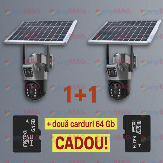 Set Două Camere Supraveghere 4K 4G cu Panou Solar – Dubla Lentilă, 360°, Zoom 10X + Două Carduri 64GB CADOU!