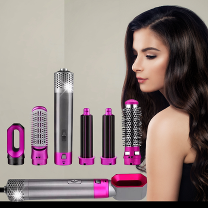 Perie de Păr 5 în 1 – Uscător, Ondulator plus functie de indreptare, cu Aer Cald, 1000W, Tehnologie Ceramică, Accesorii Interschimbabile, Roz/Argintiu