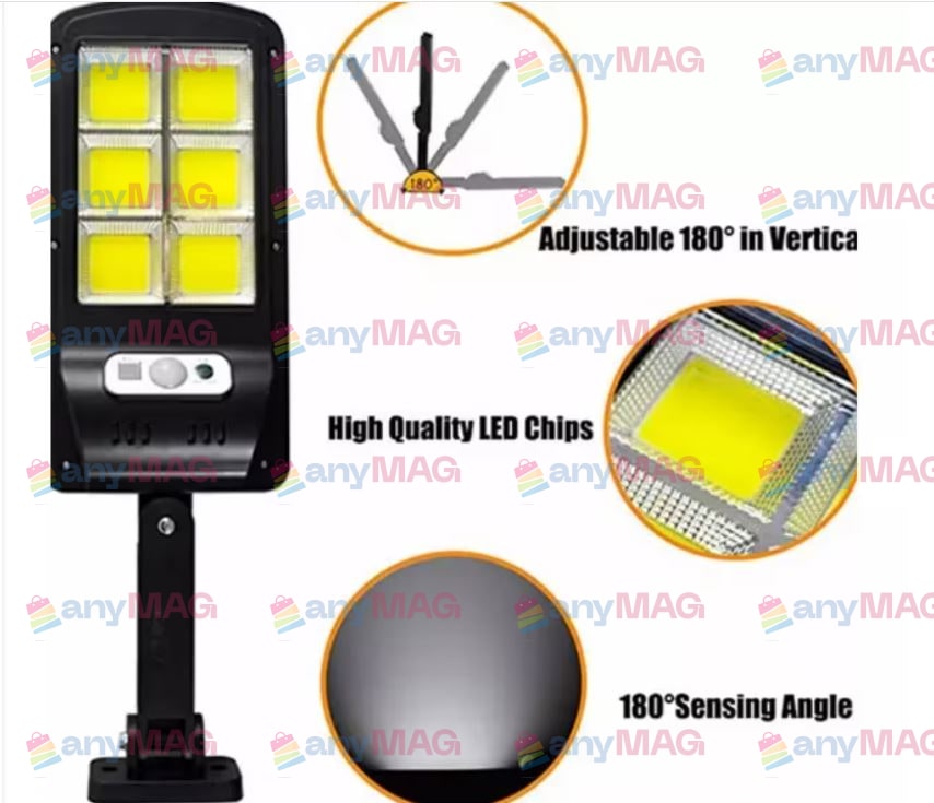 Lampă Solară Stradală 120 LED cu Senzor de Mișcare, Telecomandă și Brat de Montare – 3 Moduri de Iluminare, IP65, Negru