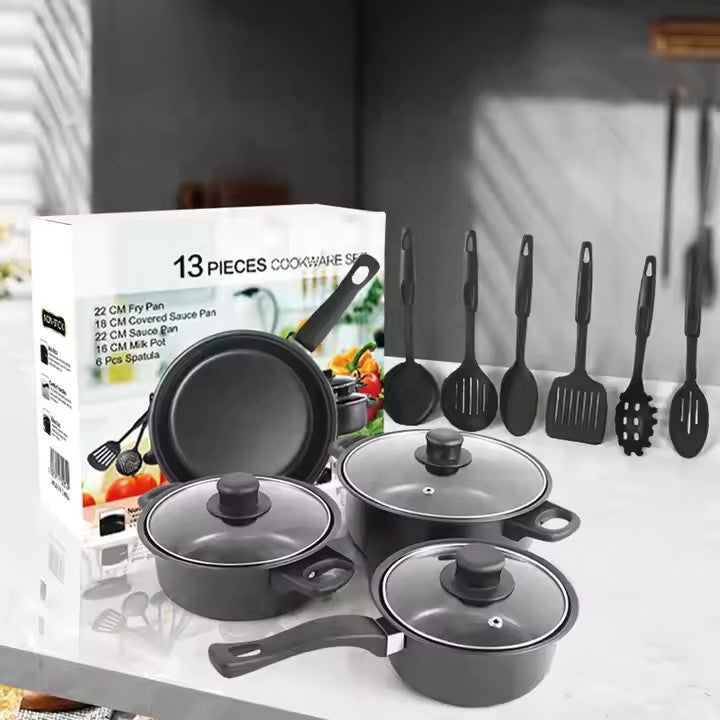 Set oale și tigăi antiaderente 13 piese, fier de calitate, ustensile silicon alimentar, compatibil inducție, negru elegant + ascuțitor cuțite și cuțit ondulat legume & brânzeturi cadou