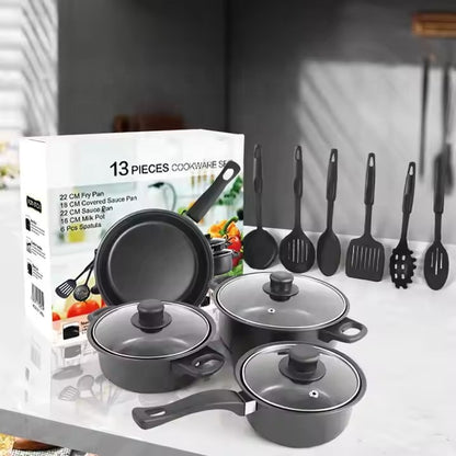 Set oale și tigăi antiaderente 13 piese, fier de calitate, ustensile silicon alimentar, compatibil inducție, negru elegant + ascuțitor cuțite și cuțit ondulat legume & brânzeturi cadou