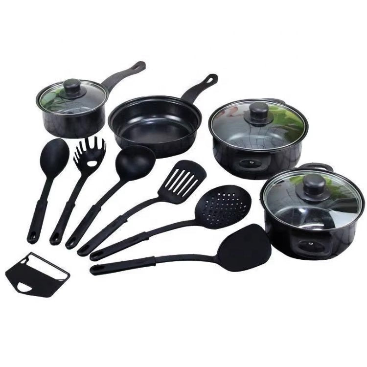 Set oale și tigăi antiaderente 13 piese, fier de calitate, ustensile silicon alimentar, compatibil inducție, negru elegant + ascuțitor cuțite și cuțit ondulat legume & brânzeturi cadou