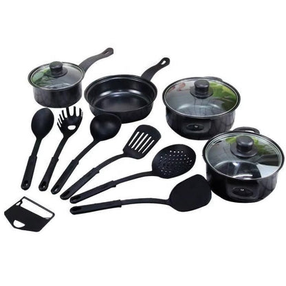 Set oale și tigăi antiaderente 13 piese, fier de calitate, ustensile silicon alimentar, compatibil inducție, negru elegant + ascuțitor cuțite și cuțit ondulat legume & brânzeturi cadou