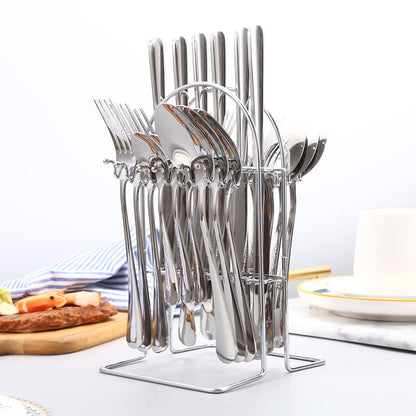 Set Tacâmuri Premium 24 Piese din Oțel Inoxidabil Argintiu cu Suport Metalic, pentru 6 Persoane, Finisaj Lucios, Rezistente la Coroziune, Design