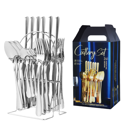 Set Tacâmuri Premium 24 Piese din Oțel Inoxidabil Argintiu cu Suport Metalic, pentru 6 Persoane, Finisaj Lucios, Rezistente la Coroziune, Design